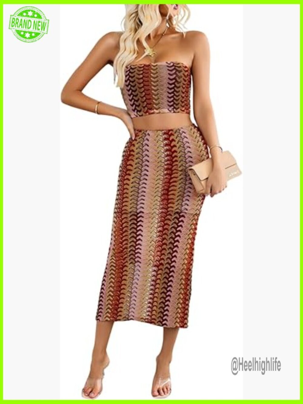 Sheer Crochet Tube Top & Bodycon Midi Skirt Set, Medium, Polyester Blend